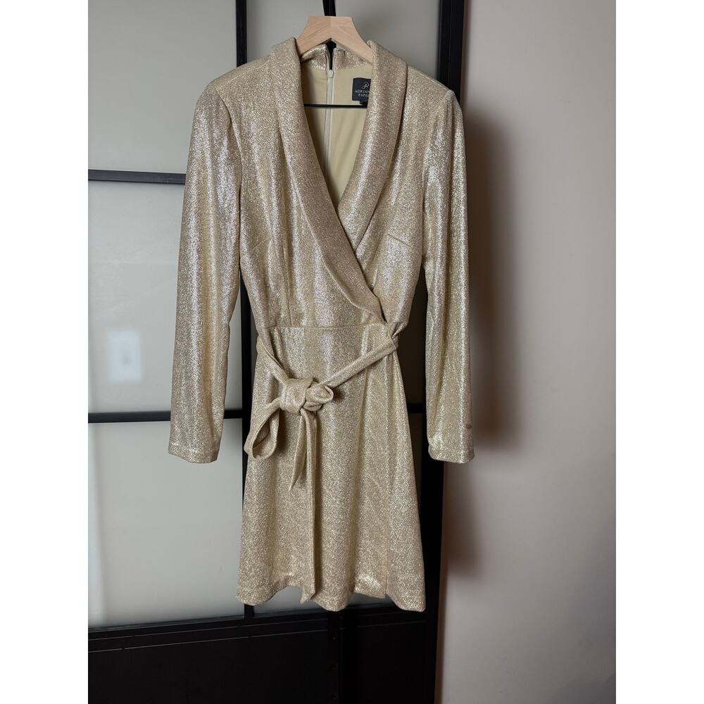 Adrianna Pappell Metallic Jersey Short Wrap Tuxedo Dress Size 10